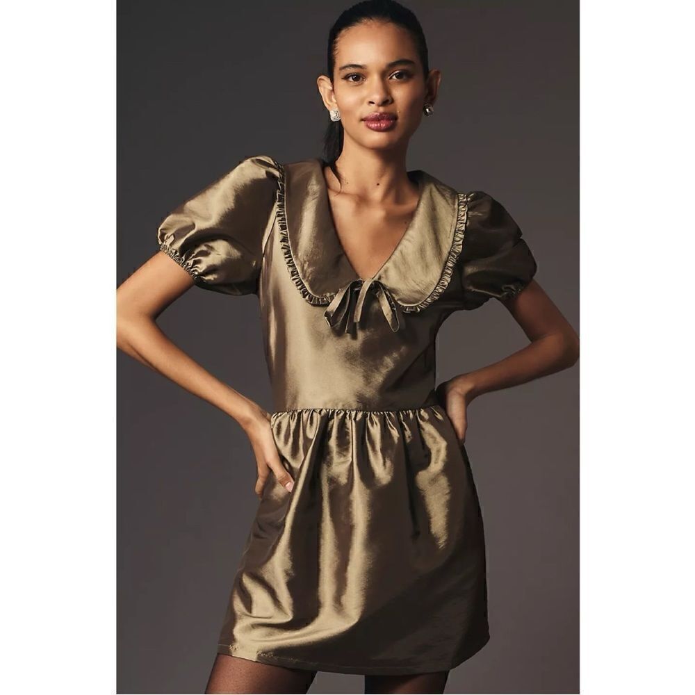 NEW Anthropologie Porridge Olive Short-Sleeve Collared Taffetta Mini Dress Large - Picture 1 of 7